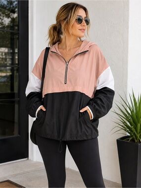 SHEIN Plus 3XL Pink Black Colorblock Hooded Windbreaker Jacket